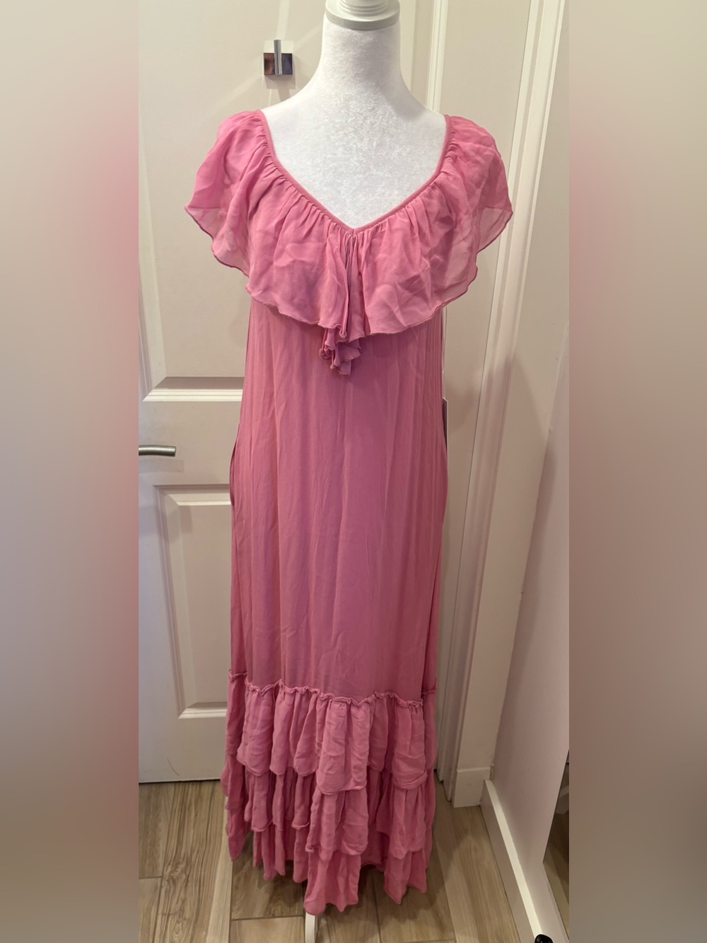 NWT Young Fabulous & Broke Pink Ruffled chiffon Maxi Dress with Tie Back- S